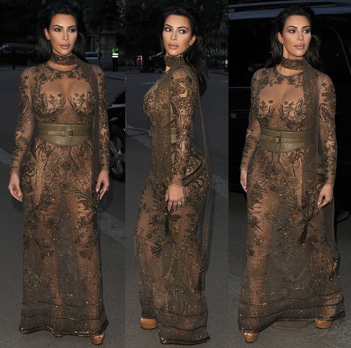 Kim Kardashian in a very revealing khaki Roberto Cavalli Couture gown at the Vogue 100 Festival Gala held at Kensington Gardens in London on May 23, 2016