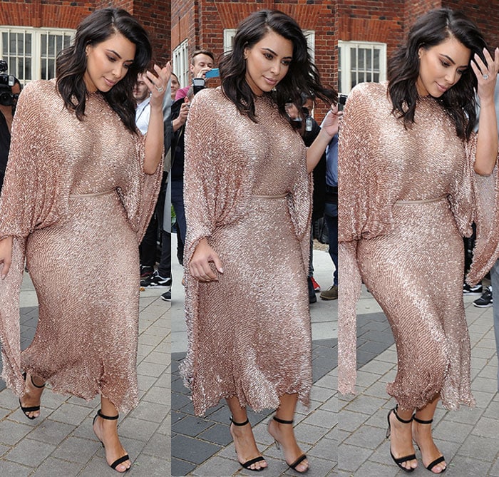 Kim Kardashian in a Talbot Runhof Fall 16′ champagne-colored shimmery dress