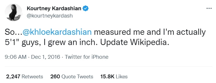 Kourtney Kardashian claims on Twitter that her real height is 5′ 1″ (155 cm)