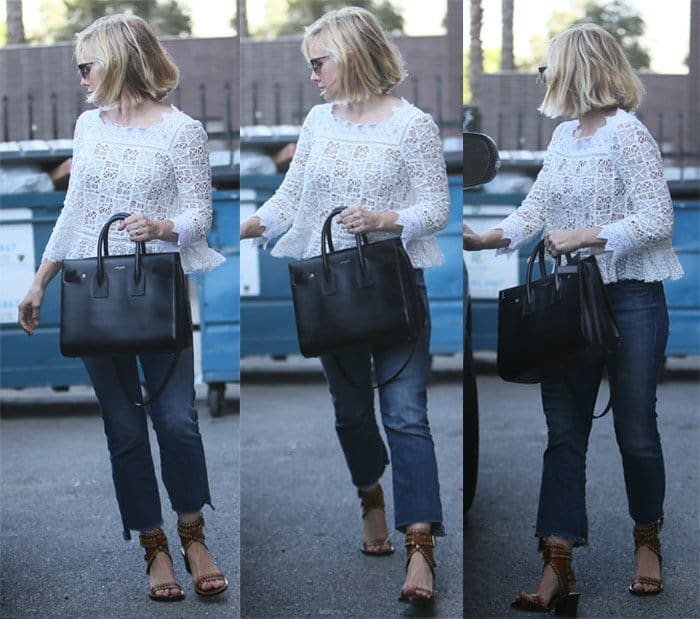 Kristen Bell’s bohemian look: flared cutoff jeans exiting a Los Angeles salon