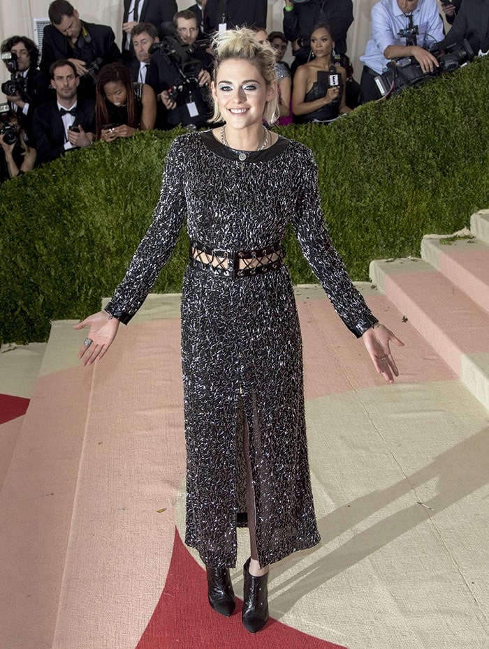 Kristen Stewart wears a black-and-metallic Chanel dress to the 2016 Met Gala