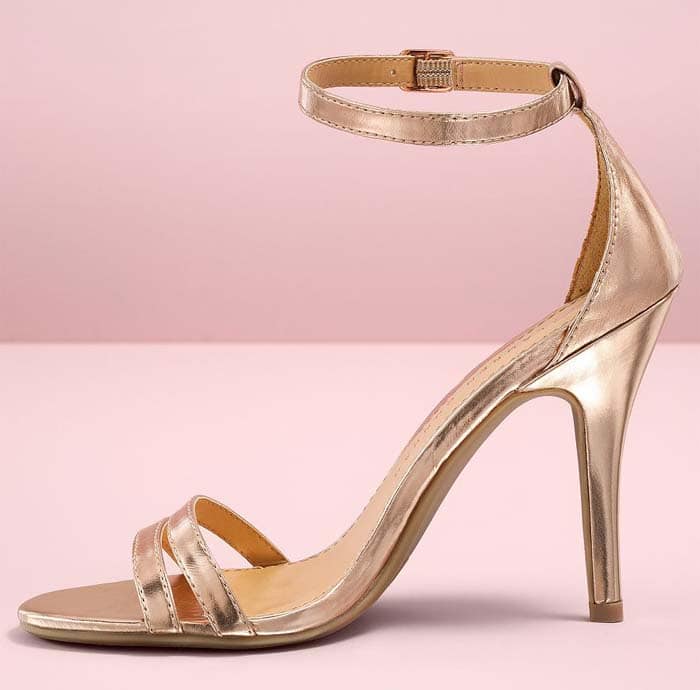 Rose gold metallic sandals with double-straps across top