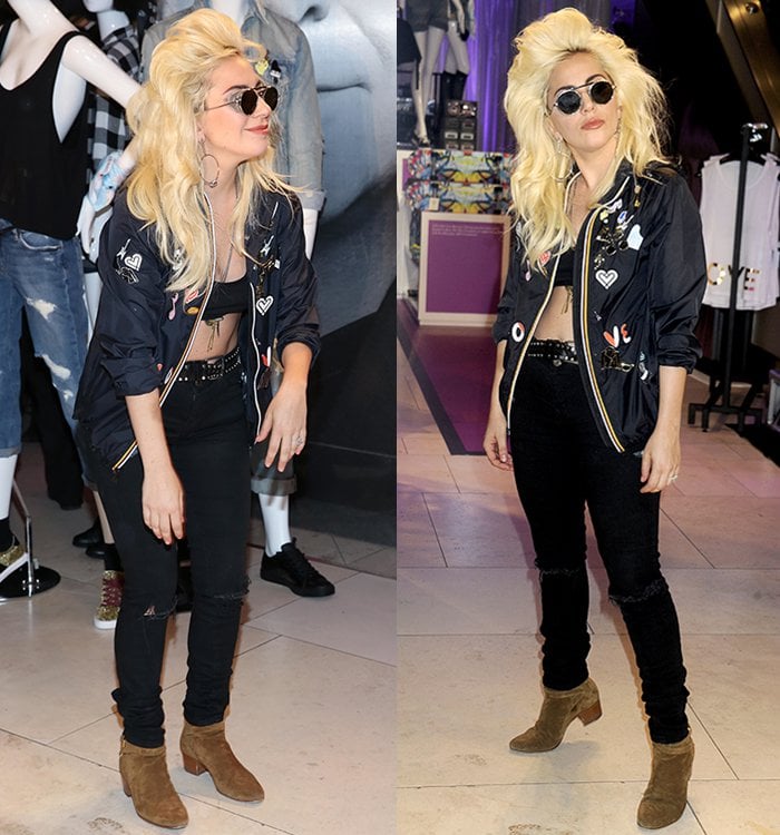 Lady Gaga wears Saint Laurent jeans with a jacket from her new "Love Bravery" collection