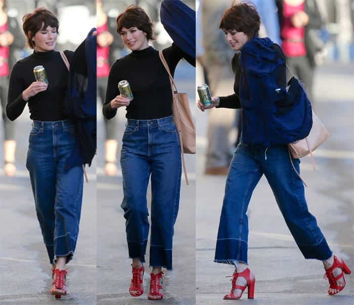 Lena Headey in sophisticated high-waisted flared jeans at Jimmy Kimmel Live, Los Angeles