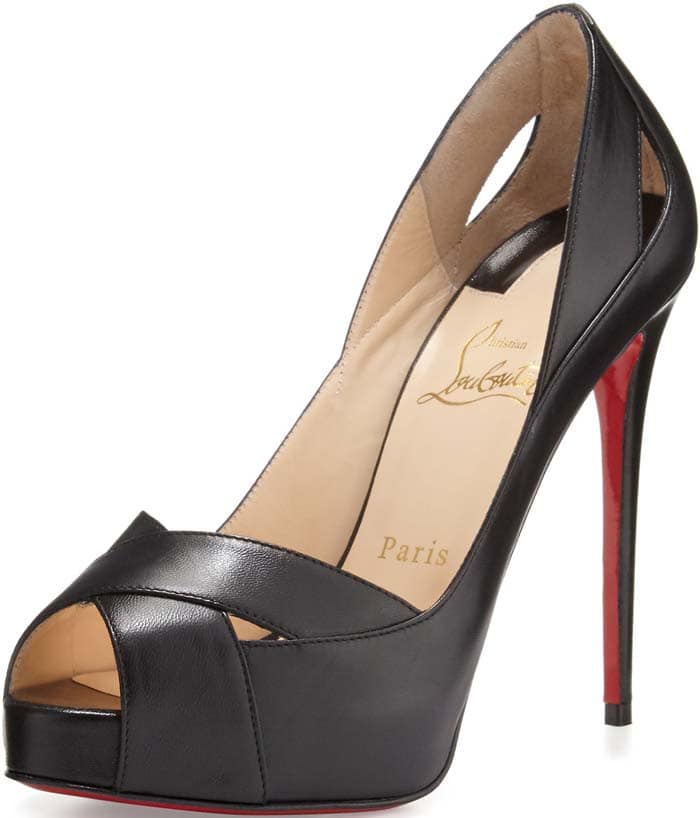 Peep-toe pumps with cutout accents at vamps and counter, tonal stitching, and covered heels
