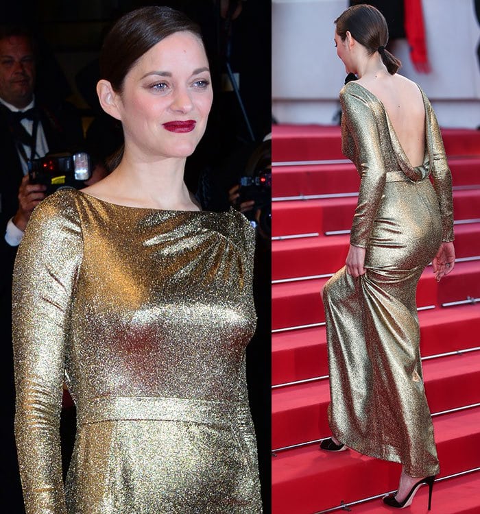 Marion Cotillard stuns in a backless gold Dior gown featuring long sleeves and a draped cowl neck, paired with black Giuseppe Zanotti sandals at the 2016 Cannes Film Festival
