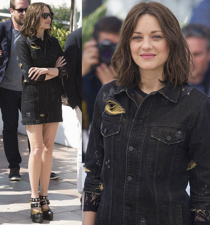 Marion Cotillard wears a Filles à Papa distressed denim dress to the Cannes Film Festival