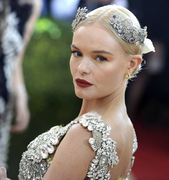 Kate Bosworth stuns in a jewel-encrusted Dolce & Gabbana tiara crown, exuding regal elegance at the Met Gala