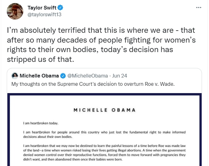 Taylor Swift shared her thoughts about the Supreme Court overturning Roe v. Wade