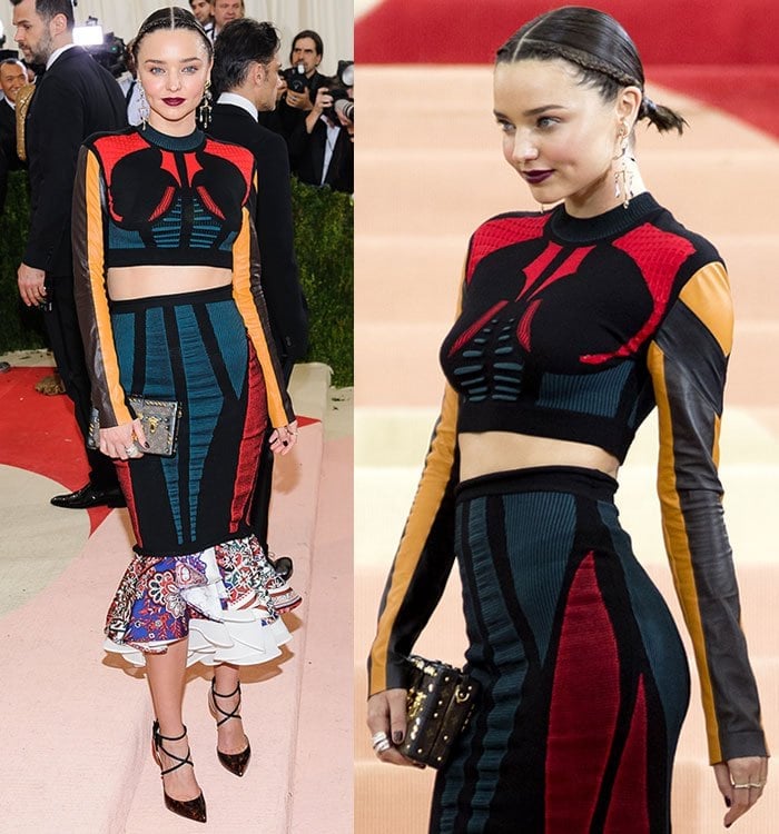 Miranda Kerr shows off her abs in a long-sleeved crop top paired with a ruffle-hemmed skirt from Louis Vuitton