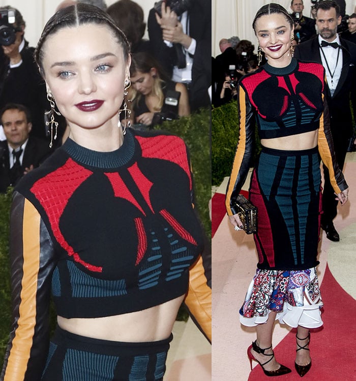 Miranda Kerr wears a Louis Vuitton crop top and skirt on the Met Gala's red carpet