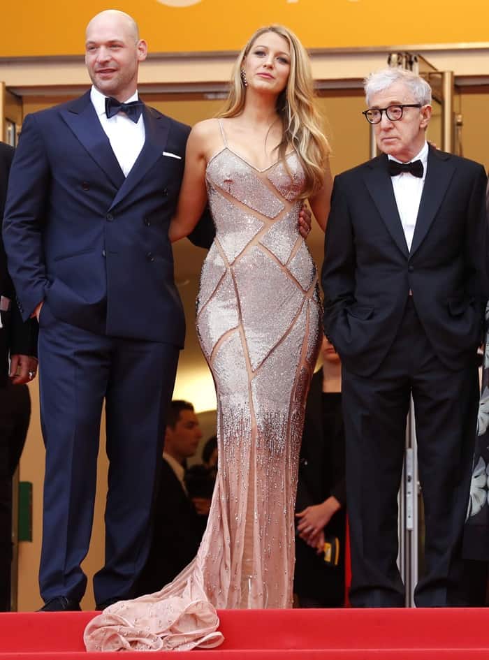 Blake Lively stuns in a glittering Atelier Versace gown alongside Corey Stoll and Woody Allen at the 'Café Society' premiere during the 69th Cannes Film Festival