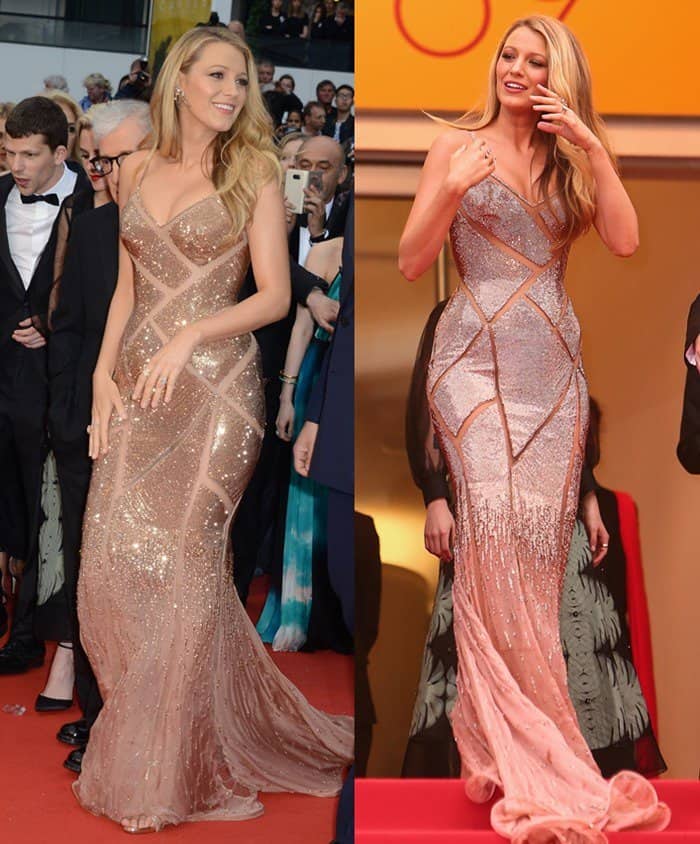 Blake Lively dazzles in a shimmering Atelier Versace gown featuring intricate geometric patterns and a flowing train as she graces the red carpet at the 69th Cannes Film Festival