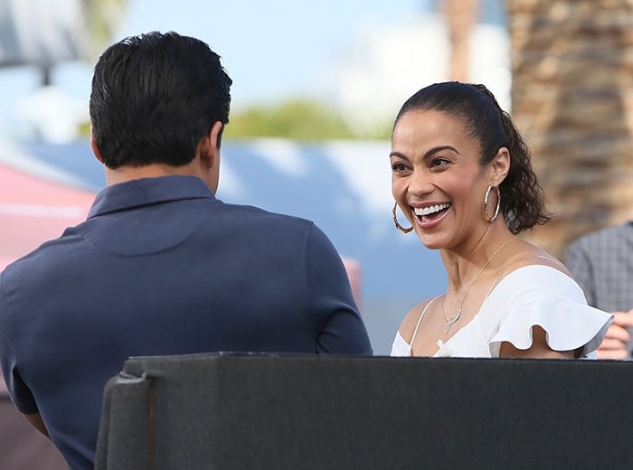 Paula Patton at the Universal Studios for an interview with Mario Lopez for "Extra"
