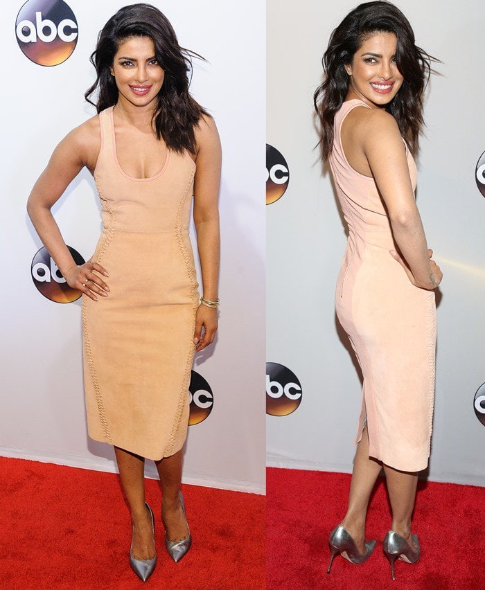 Priyanka Chopra styles a boring nude dress with metallic silver pumps