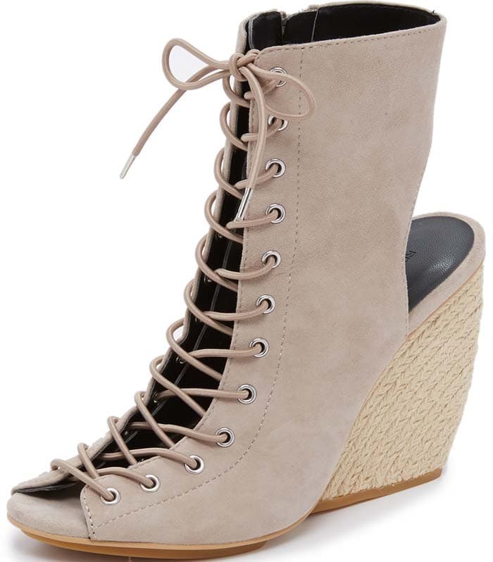 Beige Rebecca Minkoff "Elle" Lace Up Open Toe Booties