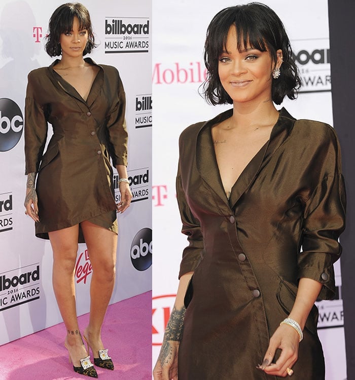 Rihanna wears a brown vintage Thierry Mugler dress on the pink carpet of the BMAs