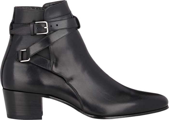 Black leather 'Signature Blake 40' jodhpur ankle boots from Saint Laurent featuring an almond toe, a branded insole, an ankle strap with a side buckle fastening, silver-tone hardware, an ankle length, and a stacked heel