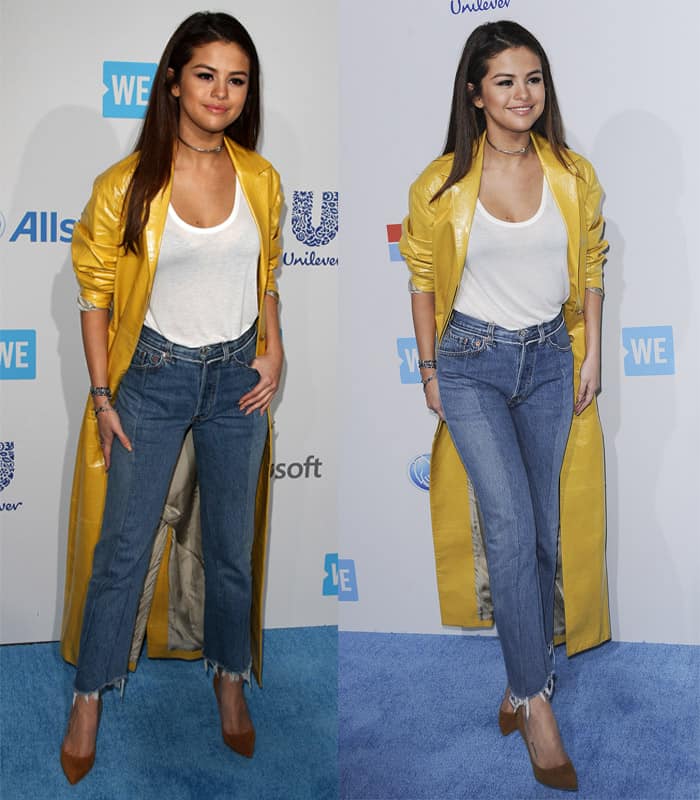 Selena Gomez styled her cropped jeans with a long yellow trench coat