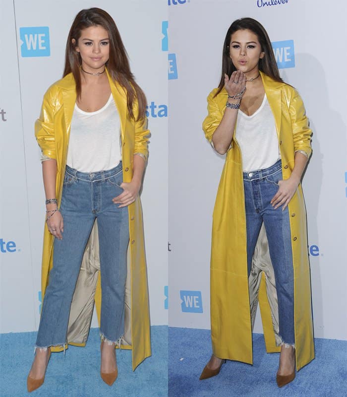 Selena Gomez rocked a The Row trench coat and shirt, Vetements denim, and Manolo Blahnik shoes