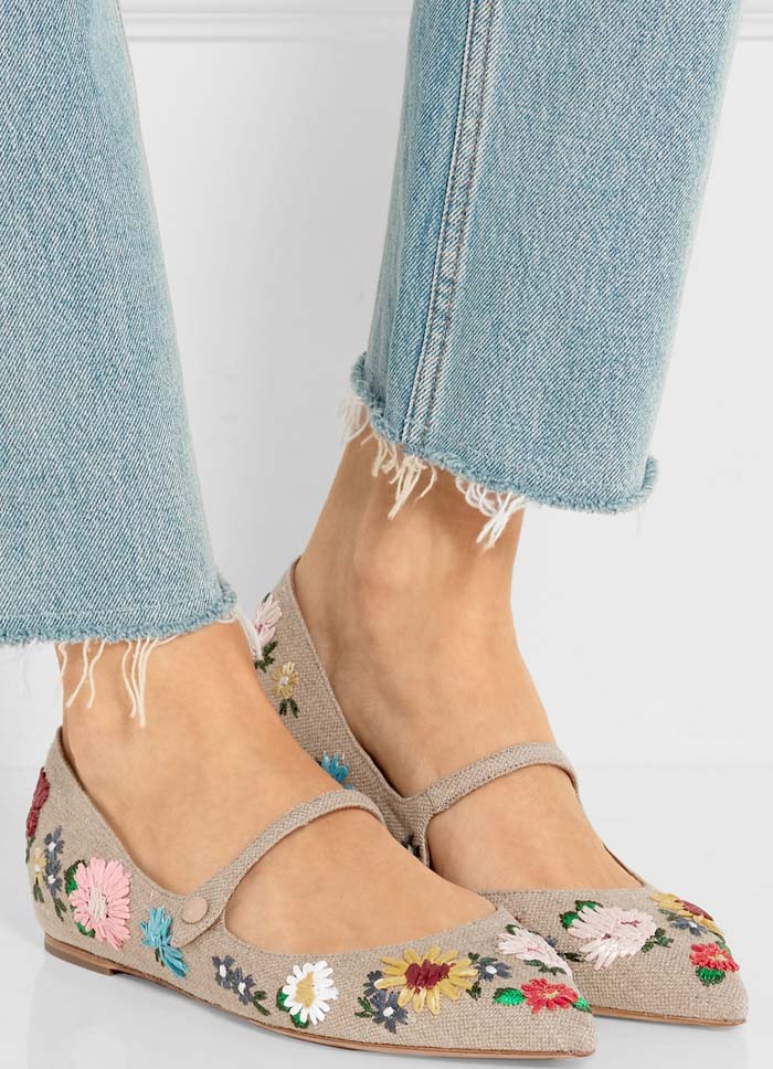 Jeans paired with Tabitha Simmons Hermione Meadow flats made from linen that's embroidered with vibrant floral blooms