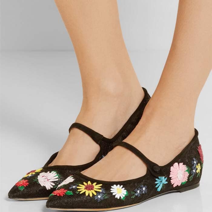 Floral Black Tabitha Simmons "Hermione" Point-Toe Flats