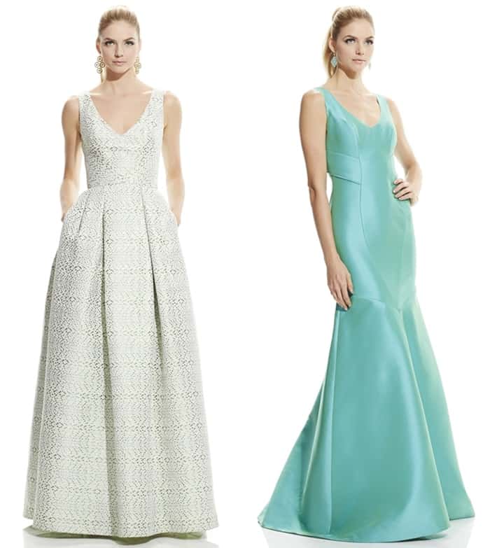 Sleeveless V-Neck Lurex Woven Pique Ball Gown and Sleeveless V-Neck Zibelin Mermaid Gown