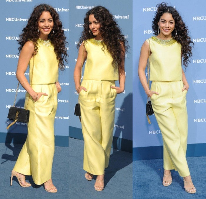 Vanessa Hudgens poses on the blue carpet in a youthful vibrant Monique Lhuillier set