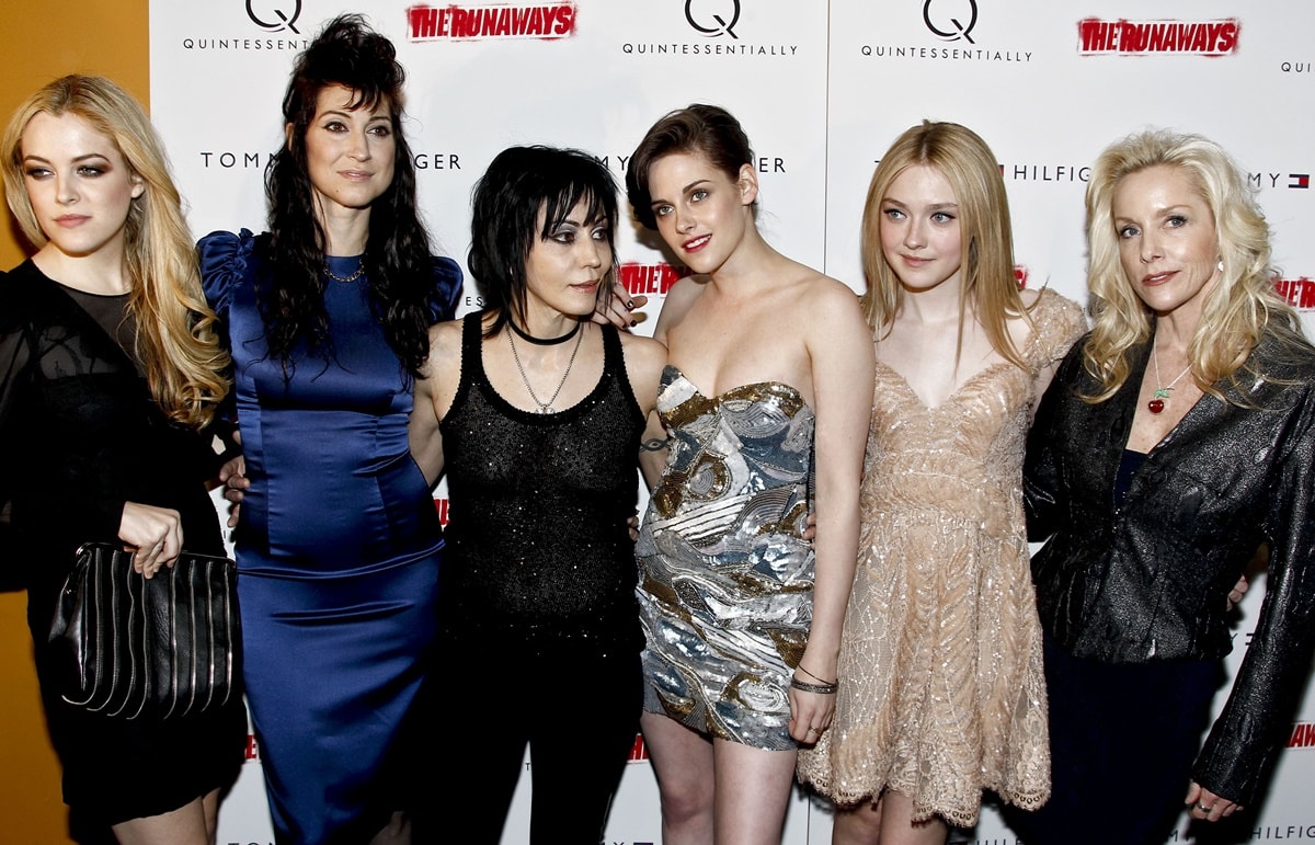 Riley Keough, director Floria Sigismondi, Joan Jett, Kristen Stewart, Dakota Fanning, and Cherie Currie attend a screening of "The Runaways"