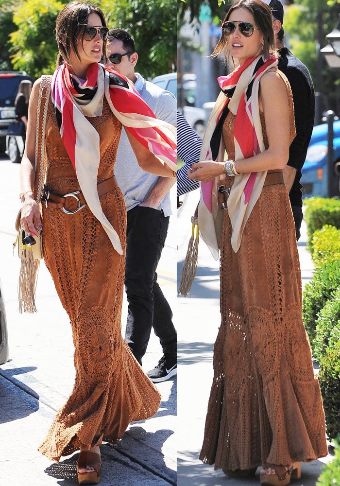 Alessandra Ambrosio embraced effortless boho-chic style in a suede Alberta Ferretti dress paired with Robert Clergerie Cetri clogs and a colorful Ferragamo scarf while out in West Hollywood