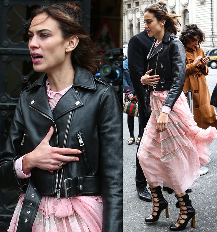 Alexa Chung wears a head-to-toe Gucci ensemble at the brand's Westminster Abbey fashion show