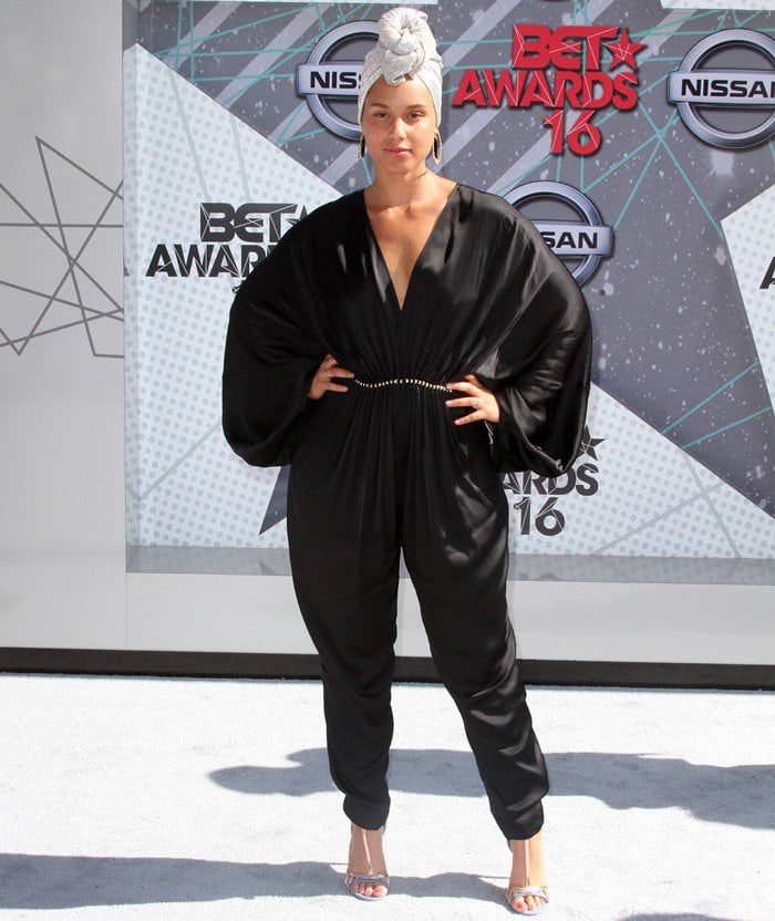 Alicia Keys wearing a Stella McCartney 'Morgane Aio' embellished satin jumpsuit at the 2016 BET Awards held at the Microsoft Theater in Los Angeles on June 26, 2016