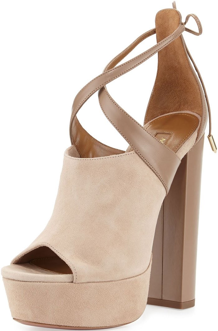 Aquazzura "Kaya" Plateau Suede and Leather Sandals Beige