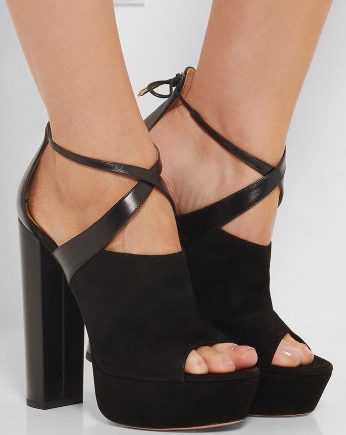 Black Aquazzura "Kaya" Suede and Leather Platform Sandals