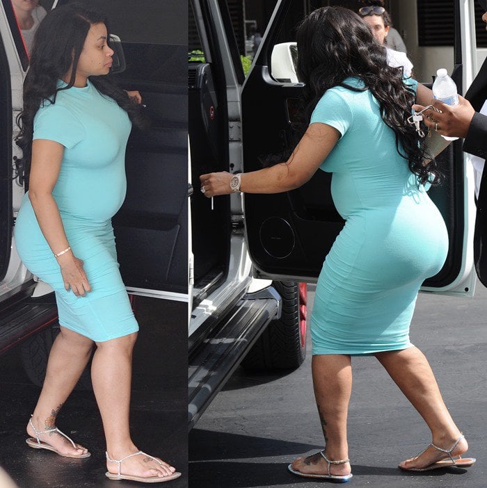 Blac Chyna styled the form-fitting baby blue dress with a pair of silver-tone leather embellished T-bar sandals from René Caovilla