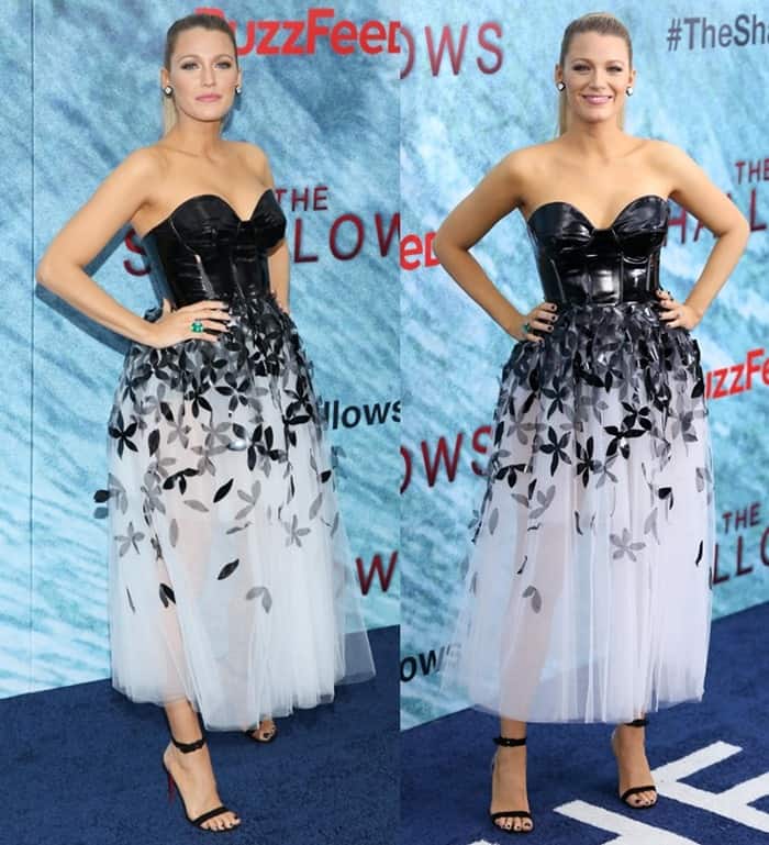 Blake Lively turns heads in a dramatic black leather corset and floral-embellished tulle skirt, paired with chic black heels at the premiere of The Shallows