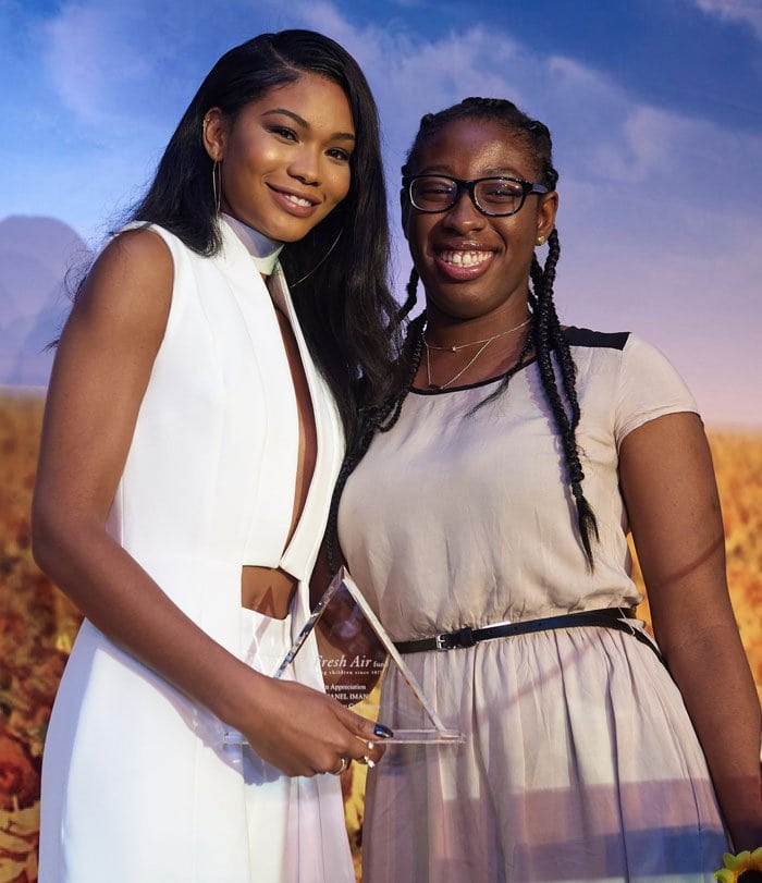 Chanel Iman poses with her appreciation award at Fresh Air Fund's 2016 spring benefit