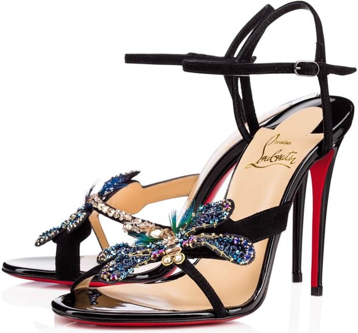 Christian Louboutin sandal featuring a handmade crystal embroidered dragonfly with soft feather detailing