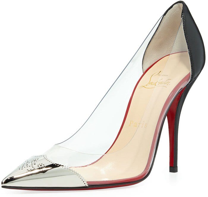 Christian Louboutin puts a twist on the point-toe trend with the mixed finishes of this fun transparent pump