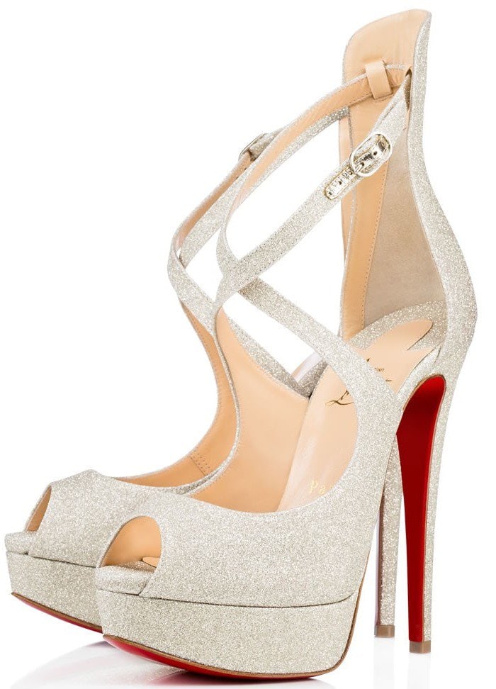 Christian Louboutin Marlenalta Crisscross-Strap Peep-Toe Platform Pumps in Ivory Glitter