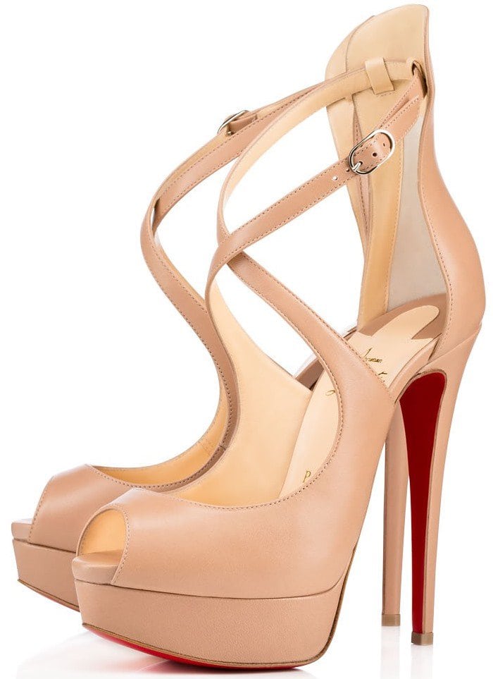 Christian Louboutin "Marlenalta" Crisscross-Strap Peep-Toe Platform Pumps in Nude Leather