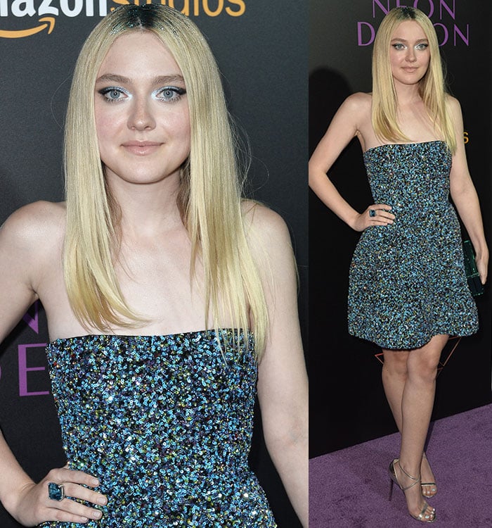 Dakota Fanning accessorizes with blue eyeshadow and a blue cocktail ring at the premiere of "The Neon Demon"