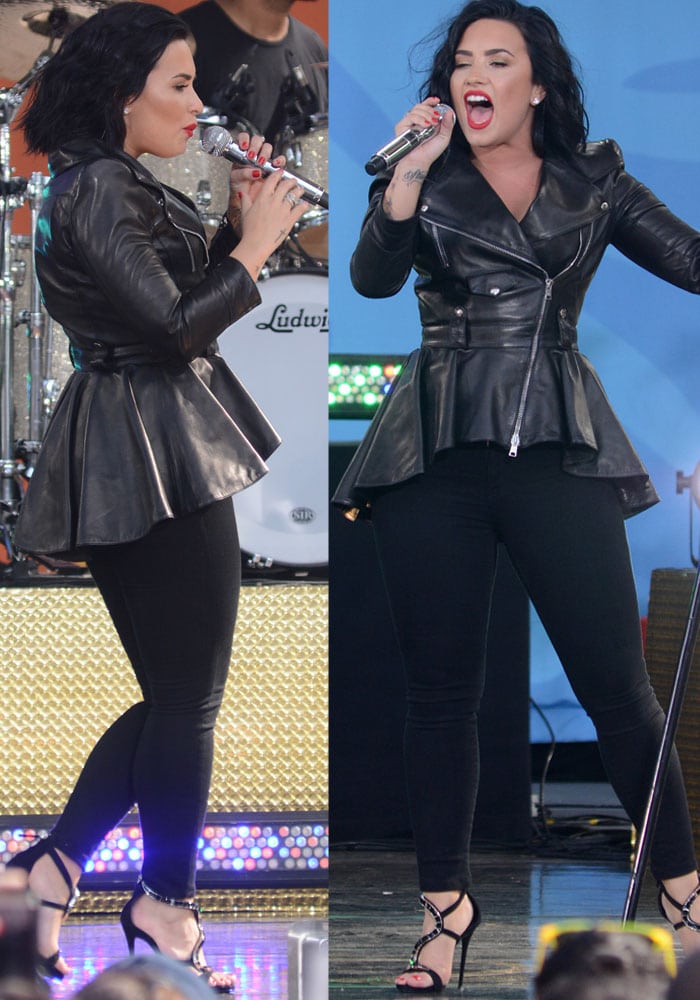 Demi Lovato performs on "Good Morning America" in a peplum leather moto jacket from Alexander McQueen