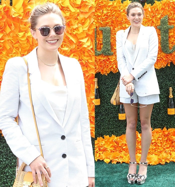 Elizabeth Olsen accessorizes with a pair of Gentle Monster sunglasses and a wicker purse
