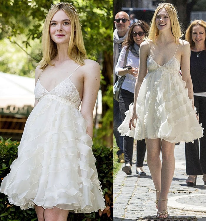 Elle Fanning looks ethereal in a ruffled Giamba babydoll dress paired with gold Louboutin sandals at the Rome photo call for 'The Neon Demon'