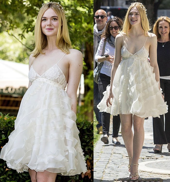 Elle Fanning looks angelic in a cream-colored Giamba dress