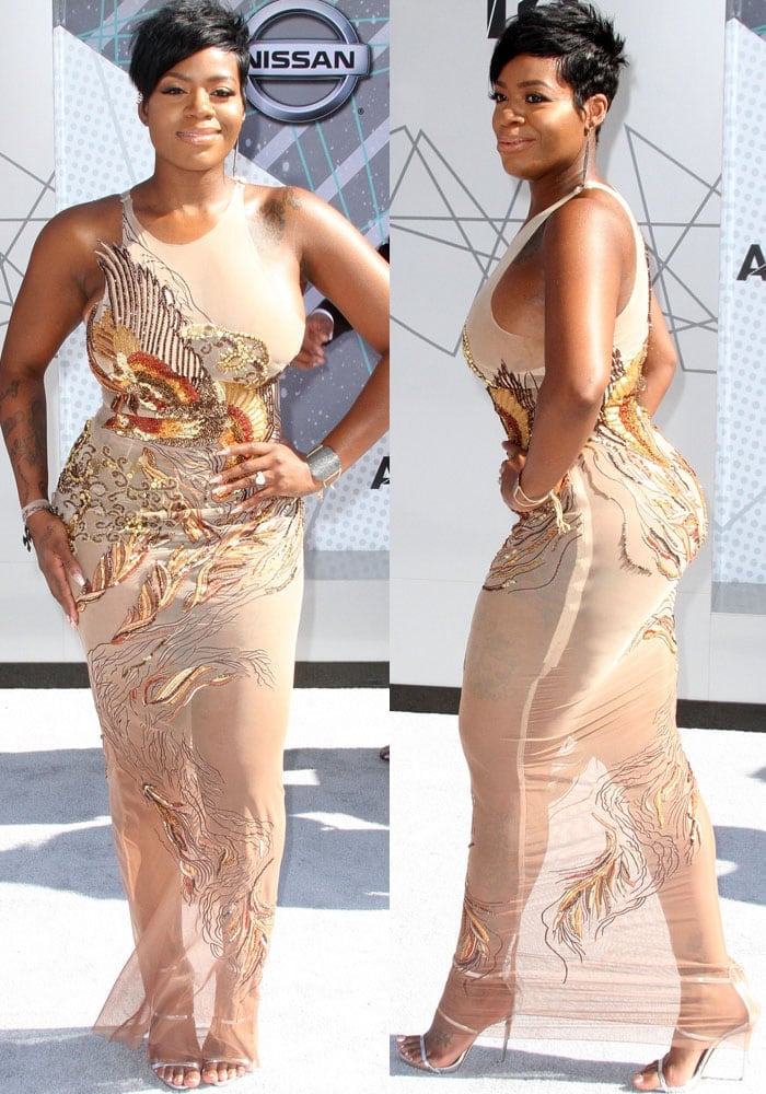 Fantasia Barrino strolls the BET Awards carpet in an embellished sheer Diana Couture by Diana Putri dress