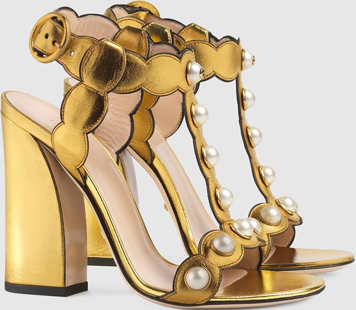Gold Metallic Gucci "Willow" Pearl-Embellished Sandals