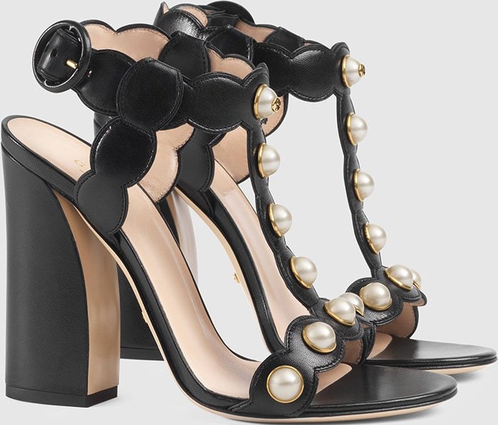 Black Leather Gucci "Willow" Pearl-Embellished Sandals