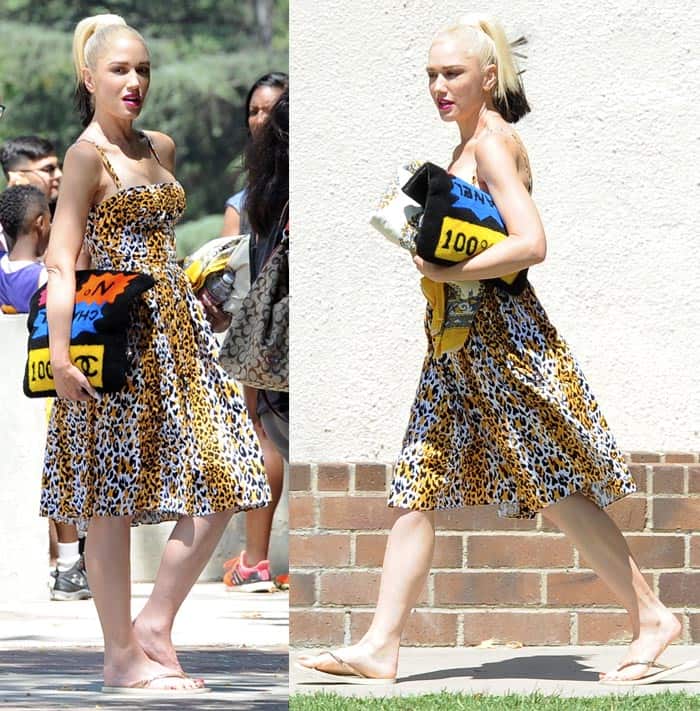 Gwen Stefani steps out in a playful leopard-print dress, effortlessly balancing mom duties with her signature bold style